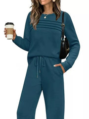 Casual Long Sleeve Crewneck Top & Drawstring Pants Set