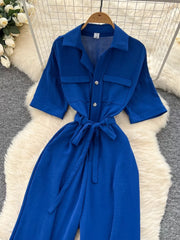 Blue belted wide-leg maternity jumpsuit with pockets and button front