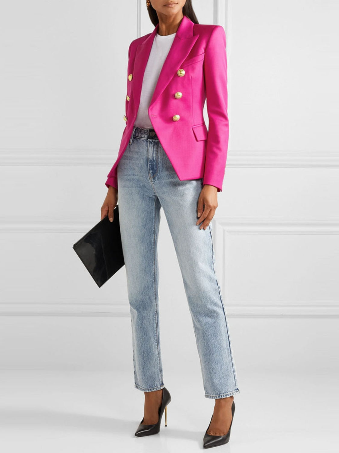 Hot Pink double-breasted blazer with gold buttons and a collar, styled with jeans.