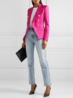 Hot Pink double-breasted blazer with gold buttons and a collar, styled with jeans.