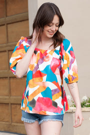 Abstract print puff sleeve blouse with square neckline in multicolor.