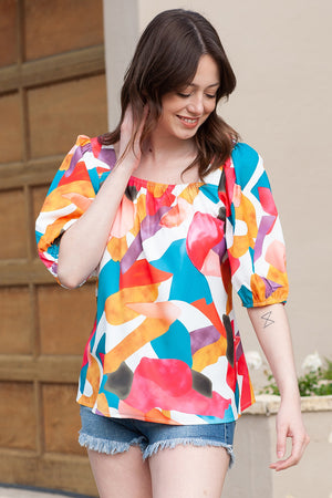 Abstract print puff sleeve blouse with square neckline in multicolor.