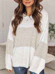 Colorblock knit pullover with drop shoulder in white and light gray, casual long sleeve sweater