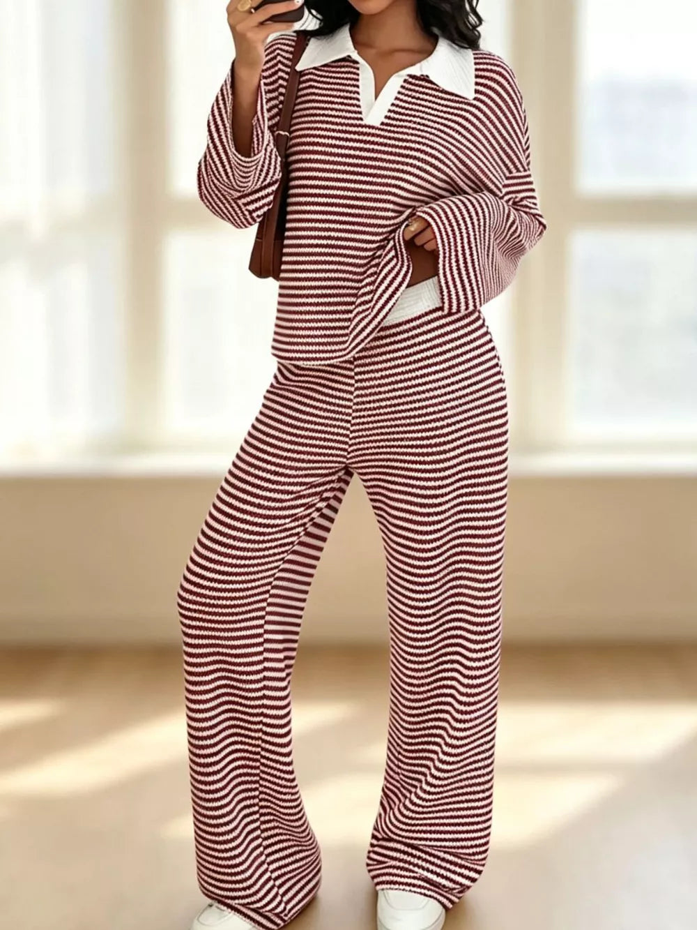 Striped Long Sleeve Polo And Wide-leg Pants Set in Green, side view