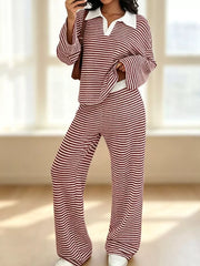 Striped Long Sleeve Polo And Wide-leg Pants Set in Green, side view