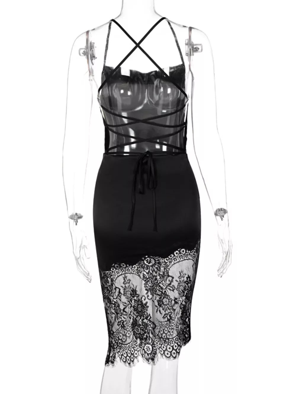 Black satin dress with lace trim hem and crisscross lace-up back detail.