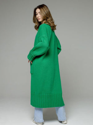 Green oversized ribbed-trim maxi cardigan with pockets and cuffed sleeves.