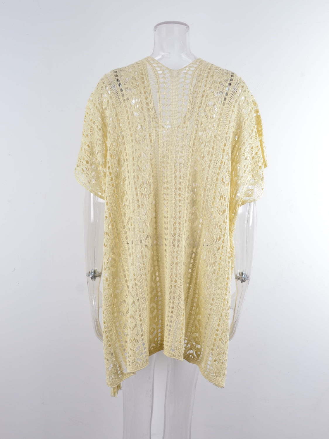 Cream open-knit V-neck beach cover-up with short sleeves and a relaxed fit.