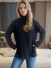 Black ribbed hemline slit-side turtleneck knit sweater with long sleeves.