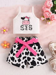 Baby cow print tank top and shorts set with pink bow detail and matching belt.