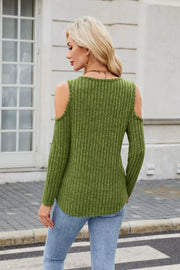 Moss ribbed cold-shoulder top with long sleeves and ring detail.