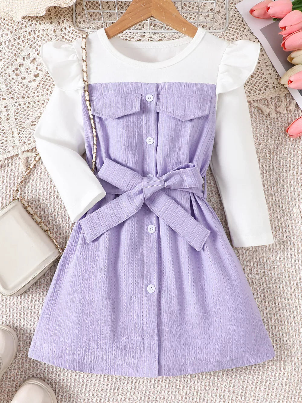 Children's Ruffled Bow Long Sleeve Dress in Light Purple, front view