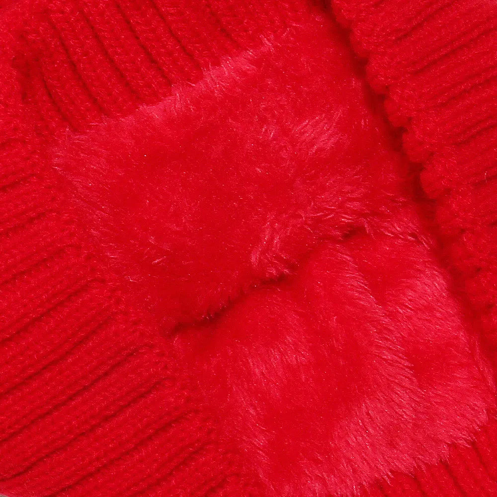 Deep Red acrylic cable knit beanie with plush faux fur detail