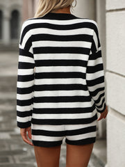 Black and white striped ribbed knit co-ord set with shorts and long sleeve sweater.