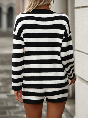 Black and white striped ribbed knit co-ord set with shorts and long sleeve sweater.