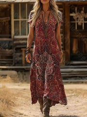 Bohemian printed midi dress with short sleeves and a V-neck, featuring a flowy burgundy pattern.