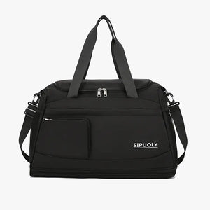 Black duffel bag with dual zippers, front pocket, and adjustable strap.