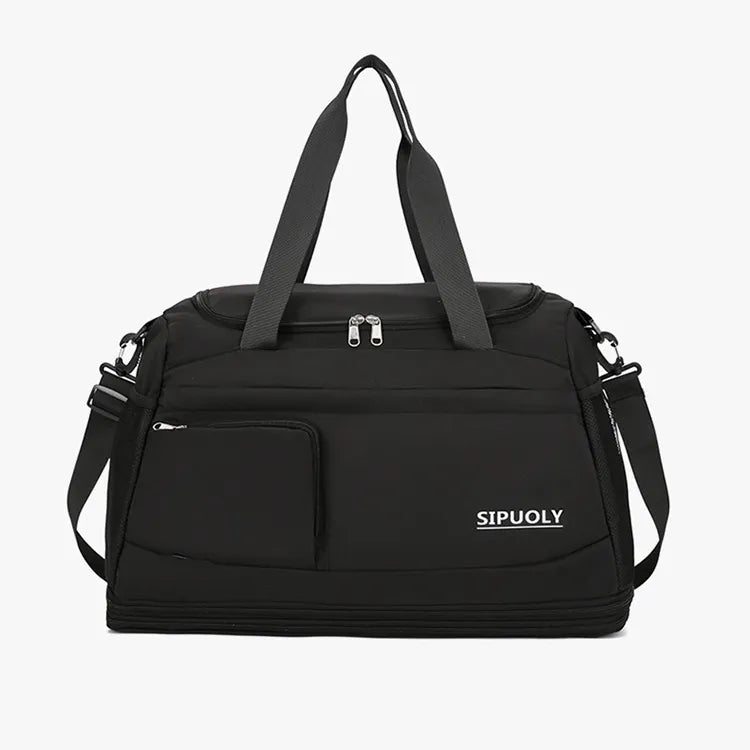 Black duffel bag with dual zippers, front pocket, and adjustable strap.
