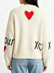 Heart Round Neck Ribbed Sweater in Pink, close-up detail