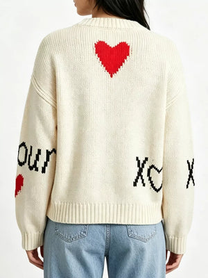 Heart Round Neck Ribbed Sweater in Pink, close-up detail