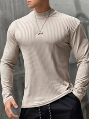 Ribbed mock neck long sleeve top in Khaki with muscle fit.