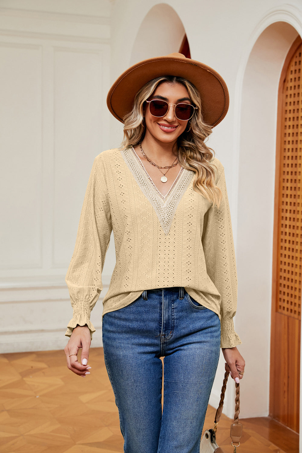 Pastel yellow eyelet blouse with lace trim and ruffle cuffs