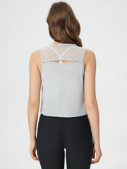 Light Gray mesh-inset back cropped active tank with a cutout detail.