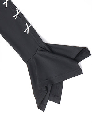 Black mini dress sleeve with white bowknot details and flared bell cuff.