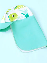 Children's cyan sun hat with dinosaur print and neck flap
