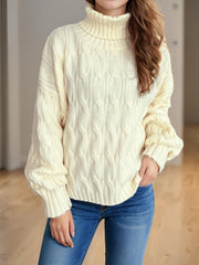 Ivory oversized cable knit turtleneck sweater with balloon sleeves