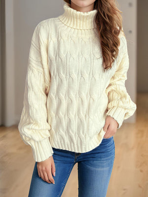 Ivory oversized cable knit turtleneck sweater with balloon sleeves