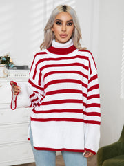 Turtleneck sweater with flared sleeves and red and white stripes, acrylic knit