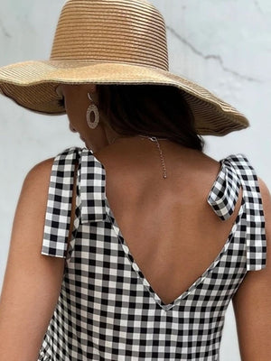 Black and white gingham tie-shoulder mini dress with V-neck