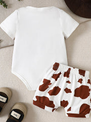White baby bodysuit with brown cow print shorts, elastic waistband, casual baby outfit