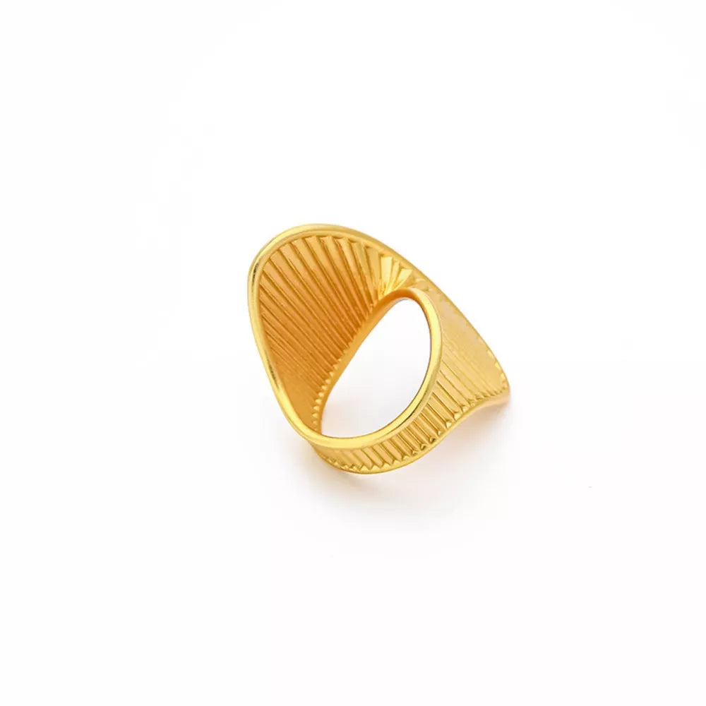 18k gold-plated ring with twisted texture and vertical ribbed detail.