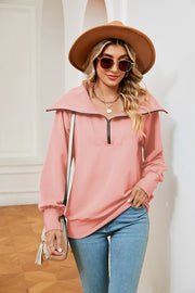 Peach wide collar zip-through sweatshirt with a relaxed fit.