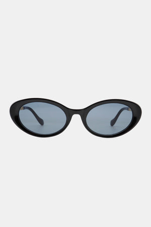 Black oval sunglasses with chain detail and grey lenses