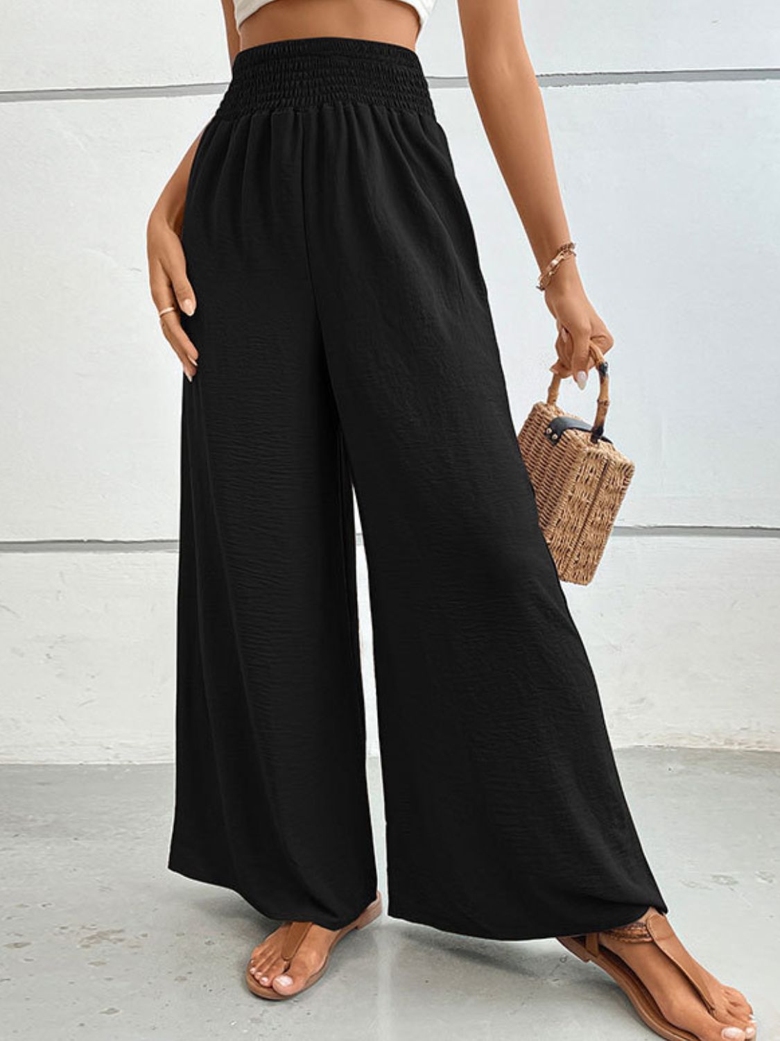 Black textured smocked waist palazzo maternity trousers with wide legs