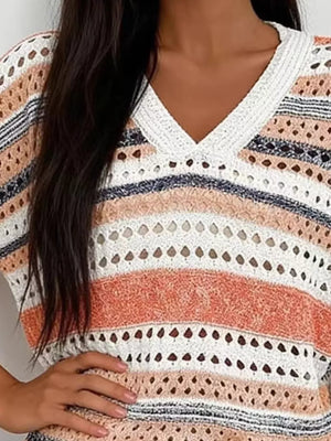 V-neck Ribbed Sweater in Green Stripes, fit detail