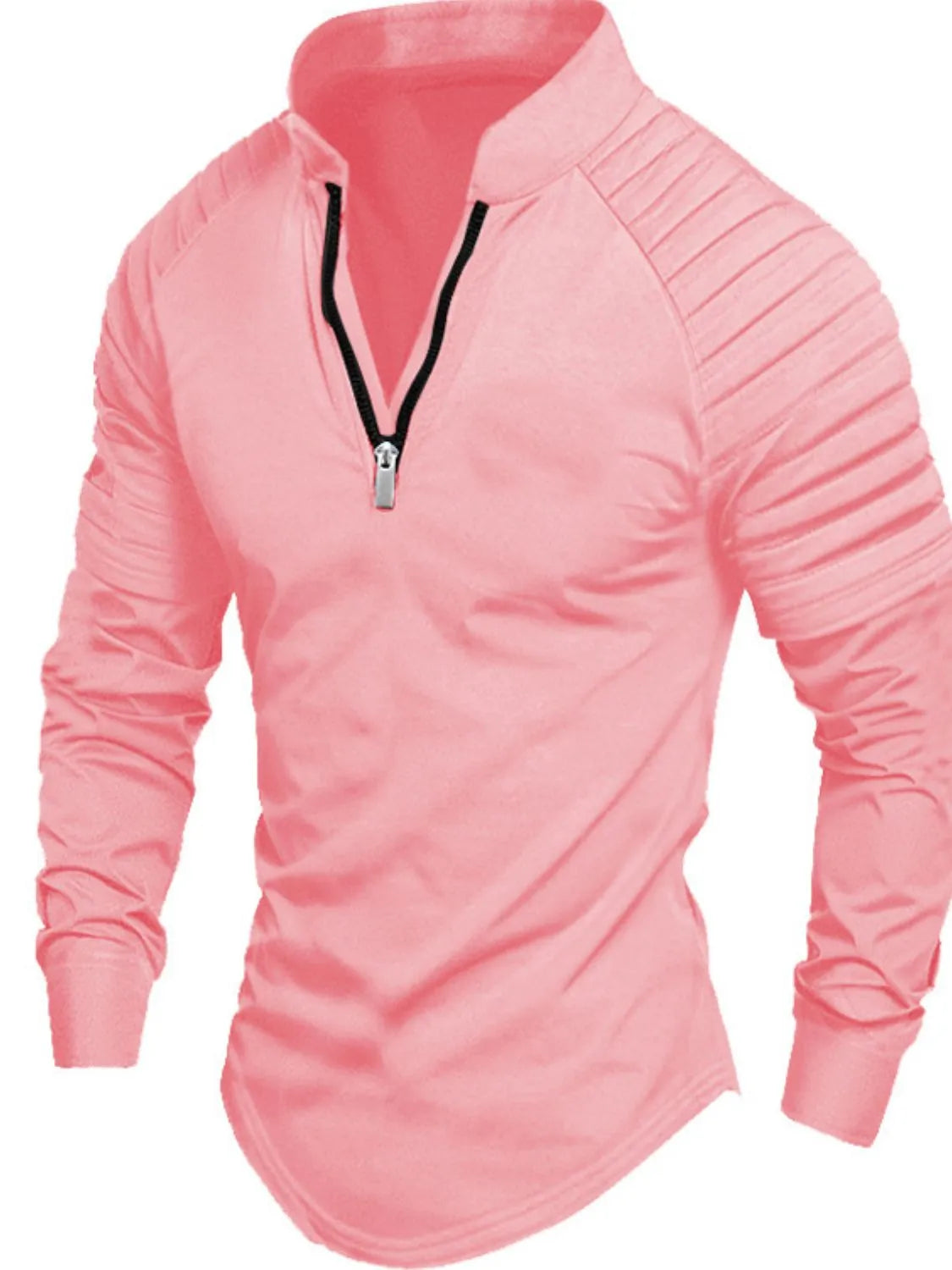 Dusty Pink pullover shirt with zip neck and pleated sleeves