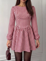 Backless Plaid Long Sleeve Mini Dress, back view