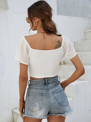 White ribbed crop top with chiffon puff sleeves and square neckline