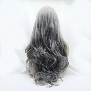 Smokey ombre grey lace front wig with long, wavy, layered hair.