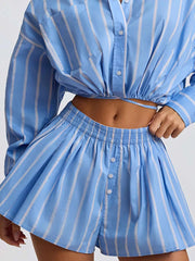Chic Striped Two-piece Shirt And Shorts Set