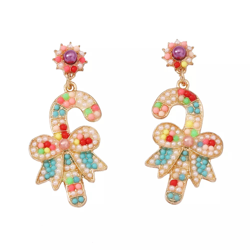 Festive candy cane bow earrings with colorful beads and pearl accents.