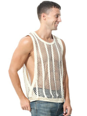 White mesh tank top with vertical panels and a crew neck.