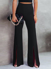 Black split-front flared tailored trousers with a high waist.