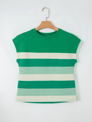 Green and cream striped cap sleeve t-shirt with crew neck.