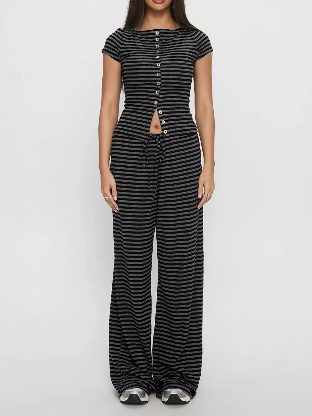 Striped button-down cropped top and wide-leg pants set in dark gray.