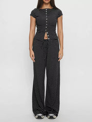 Striped button-down cropped top and wide-leg pants set in dark gray.